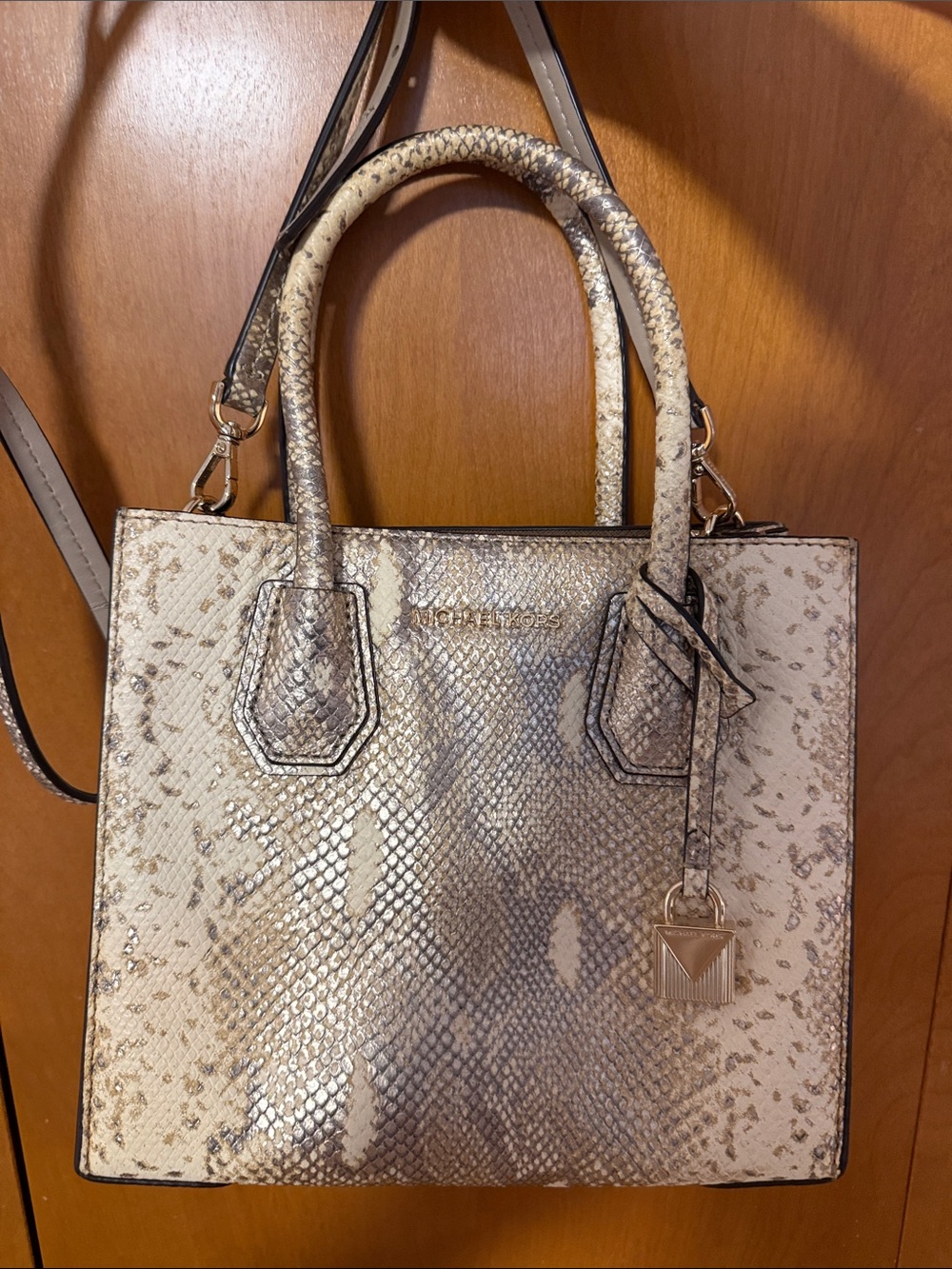 Michael Kors Metallic Snakeskin-Print Satchel in Gold and Cream